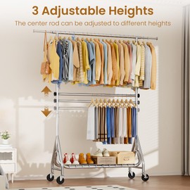 JIEJIERUI Heavy Duty Clothes Rack for Hanging Clothes, Double Rods Clothing Rack with Lockable Wheels, Metal Frestanding Garment Racks with Shelf, Heavy Duty Rolling Coat Rack, Silver