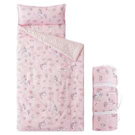 Bunnikins & Clover Toddler Nap Mat with Removable Pillow, Nap Mats for Preschool, Easy Clean Toddler Nap Pad for Kindergarten, Kids Sleeping Bag for Travel Camping (Unicorn Pink)