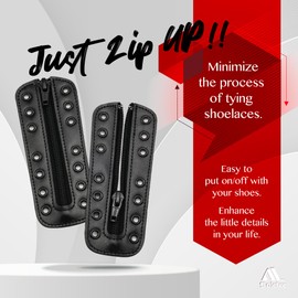 Soletec Leather Lace-in Boot Zipper Inserts for All Brands, Tieless Shoe Laces, 7 Non Isometric Black Eyelets, 1 Pair, Black