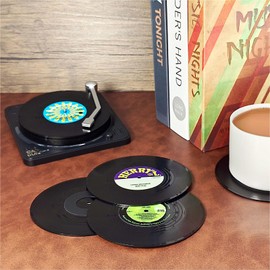 Funny Retro Vinyl Record Coasters, Creative Drink Coasters Set of 6 with Vinyl Record Player Holder for Music Lovers, Housewarming Hostess Gifts, Birthday and White Elephant Gifts Ideas