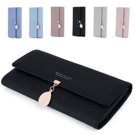 Ladies Purse, ZhengYue PU Leather Wallet for Women RFID Blocking Ladies Leaf Pendant Coin Zipper Long Purse with Multiple Card Slots and Card Holders Phone Pocket Black
