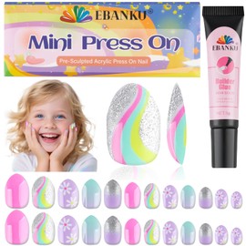EBANKU 1 Pack Press on Nails Kid, 24 Pieces Fake Nail Kit for Kids Purple Magic Press on Nail Short Artificial False Nail with Nail Glue for Girls