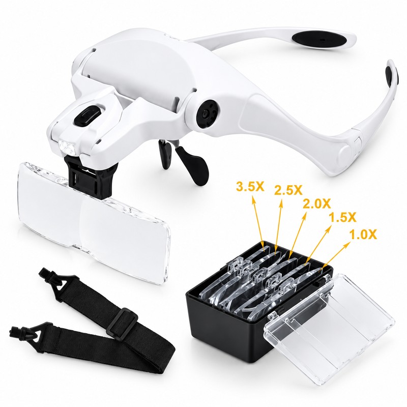 LED Head Magnifier with 5 Interchangeable Lenses for Jewelry Repair