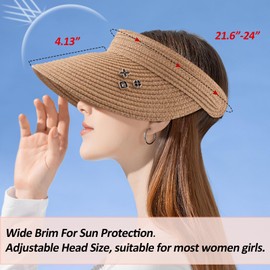 Peicees Wide Brim Straw Visors for Women Sun Protection Hats Summer Sunshade Ponytail Hat for Beach Travel Packable Roll Up Beige