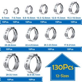 Seept 130Pcs 12-Sizes 304 Stainless Steel Single Ear Hose Clamps with Ear clamp plier 6-36.1mm Crimp Hose Clamps Assortment Kit for Auto/Home Appliance/Pipe/Fuel Line Stepless hose clamp with pincer