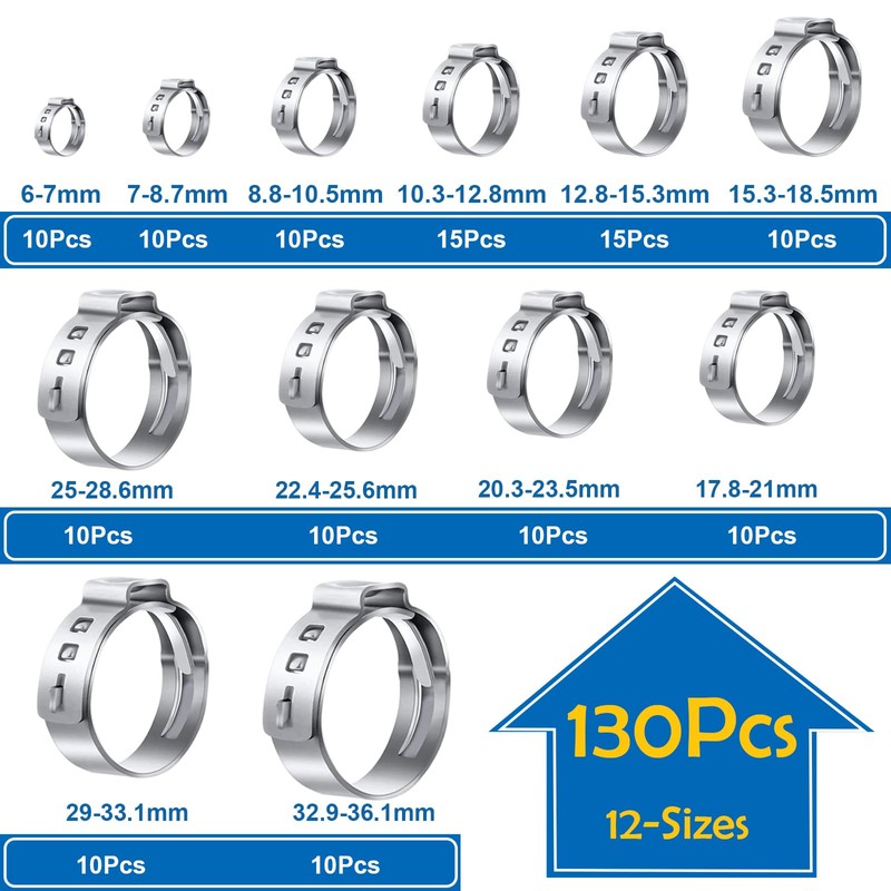 Seept 130Pcs 12-Sizes 304 Stainless Steel Single Ear Hose Clamps