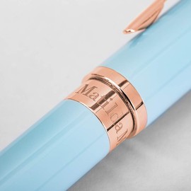 Matilda Myres Ball Pen - Rose Gold Adornments - Patent Barrel - Velvety draw-string carry-pocket - Blue