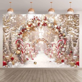 Luminora 7x5ft Winter Red Candy Canes Arch Backdrop Christmas Trees Snowy Forest Gifts Background Merry Christmas Eve Decor Photo Banner Props