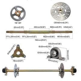 740mm Rear Axle Shaft Complete Kit+Brake Assembly Sprocket, for DIY Go Kart ATV Quad Buggy Mini Bike