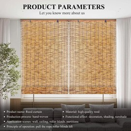 Roman Shades for Windows Bamboo Roller Shades for Patio Porch – Light Filtering Sunshade Retro Natural Reed Blinds for Outdoor Windows, 72" W x 48" H