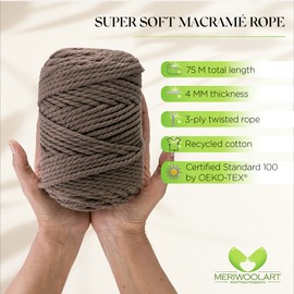 MeriWoolArt® Macrame Yarn 4 mm 75 m Brown, Cotton Yarn Cord, Thick Macrame Cord for Macrame Wall Hanging, Hanging Basket, Curtain and More DIY Deco (Brown, 4 mm x 75 m)