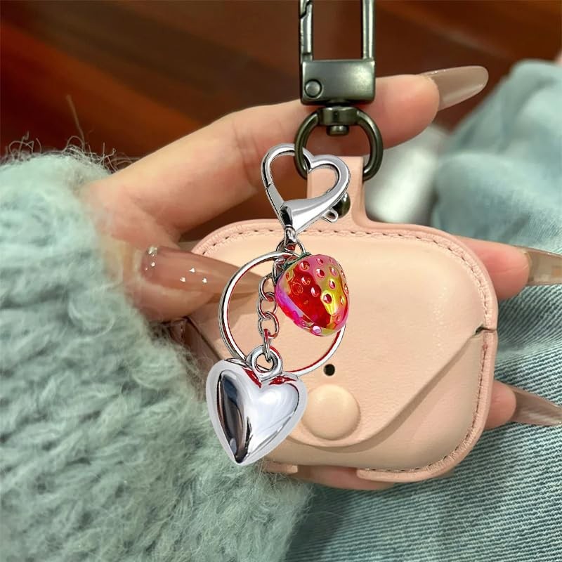 Strawberry Heart Charm Keychain for Keys Y2k Silver Heart Keychain