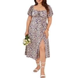 Floerns Women's Plus Size Floral Print Tie Front Square Neck Slit Hem Midi Dress Purple Floral 1XL