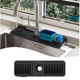 17.7 Inch Silicone Faucet Mat for Kitchen Sink Splash Guard - 7° Slope Upgraded Water Draining Mat with Fasten Button for Bathroom Area(Black, 17.7''x5.5'')