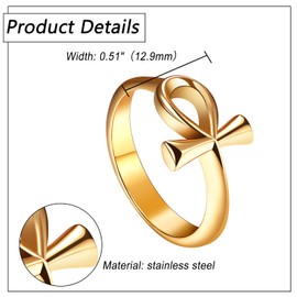 Flonge Women's Ankh Cross Ring: Ancient Egyptian Symbol Rings Trendy Stainless Steel Ankh Ring Protection Jewelry Gift for Unisex Gold Size 12