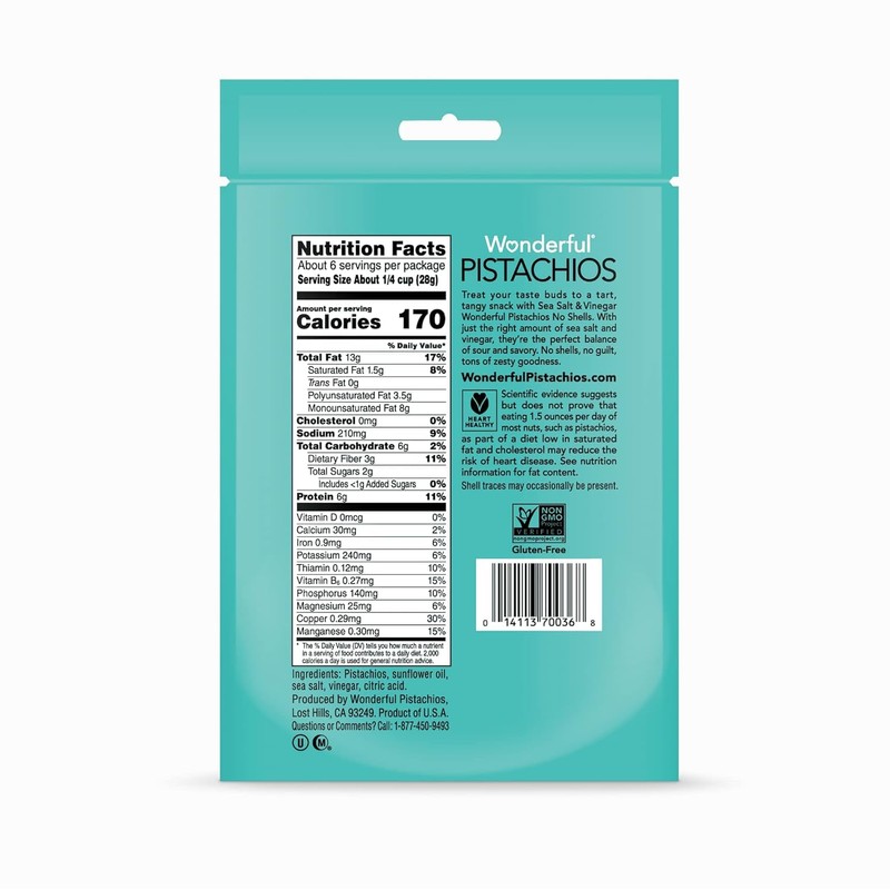 Wonderful Pistachios No Shells, Sea Salt & Vinegar Nuts, 5.5