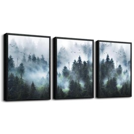 DZRWUBHS Framed Canvas Wall Art - 3 Piece Set, Foggy Forest Trees Landscape Painting, Black, Modern Wall Decor for Living Room, Bedroom, Kitchen etc.