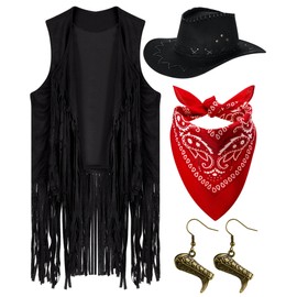 Xtinmee 4 Pcs Cowgirl Outfits Set Women Tassel Vest Cowboy Hat Dangle Drop Earrings Paisley Bandana for Western Dress up(Black, Large)