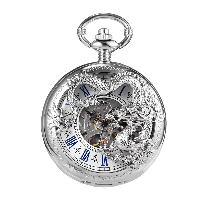 TREEWETO Mens Antique Skeleton Mechanical Silver Pocket Watch Dragon Hollow