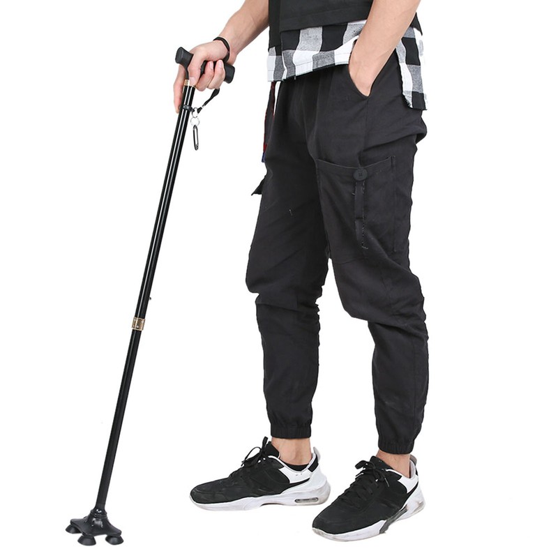 Height Adjustable Aluminum Alloy Cane with T Handle 4-pronged Pivot