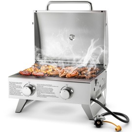 Giantex Portable Gas Grill - Tabletop Propane Grill with 2 Burners, 20,000 BTU total, Built-in Thermometer, Foldable Legs, Regulator Hose, Stainless Steel BBQ Grill for Outdoor Camping Barbecue