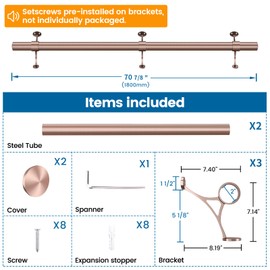 Muzata 6ft Bar Foot Rail Kit Undercounter Mount Hardware and Tubing Complete Kit 2'' OD Stainless Steel Brass Finish for Indoor and Outdoor HF20 PA4