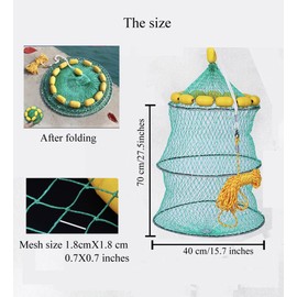 FASPLORE Collapsible Fish Basket, Floating Net Fish Keeper, 3-Ring Mesh Design with Rope, Green