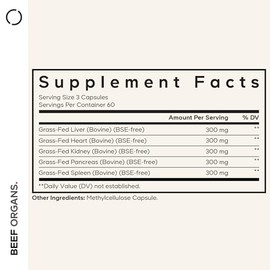 Codeage Suplemento de órganos de carne alimentados con pasto – Suplementos glandulares – Congelado secado, sin desecación, hígado desecado, corazón, riñón, páncreas y pastillas bovinas del bazo – Vitaminas de carne – Sin OGM -180 cápsulas