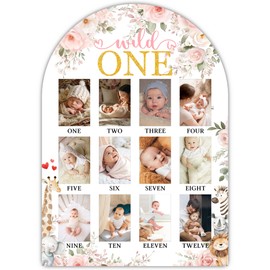 UIBOVA Wild One My First Year Photo Board, Jungle Animals Baby Milestone Signs for Boys Girls Nursery Decor, 12 Month Wooden Picture Board for 2x3 Photos, Best Babies Keepsake Gifts-A07