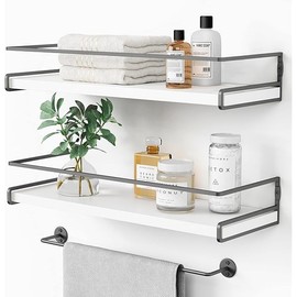 Forbena White Floating Shelves for Bathroom Organizer Over Toilet, Bathroom Shelves Wall Mounted with Towel Rack, Corner Wall Shelf for Bedroom Decor Kitchen Storage (White-Dark Grey, Set of 2)
