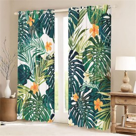 SMchwbc Opaque Green Palm Leaves Tropical Curtains Plants for Bedroom 3D Print 100% Polyester Leaves Blackout Curtain Set of 2 (1.150 x 166 cm (2 x 75 x 166 cm))