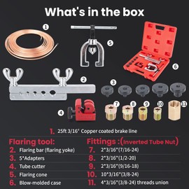 3/16" Brake Line Kit,25 ft 3/16 Copper Coated Brake Line Kit with 20 Fittings (4 Unions Included) + Double & Single Flaring Tool Kit, Rust & Corrosion Resistant for Automotive, Fuel,Hydraulic Systems