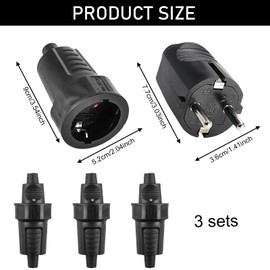 3 Pairs Schuko Plug Coupling: 250V 16A IP54 Rubber Schuko Coupling Set, Protective Contact Plug, 2-Pin Outdoor Waterproof Black Schuko Plug and Rubber Coupling without Cable