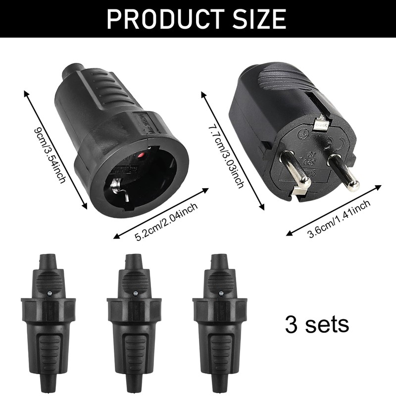 3 Pairs Schuko Plug Coupling: 250V 16A IP54 Rubber Schuko