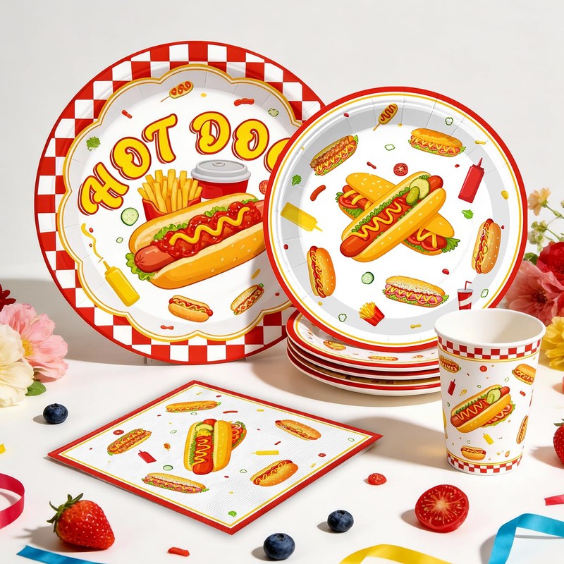 wellspar 191Pcs Hot Dog Party Decorations Tableware Set, 25 Serves