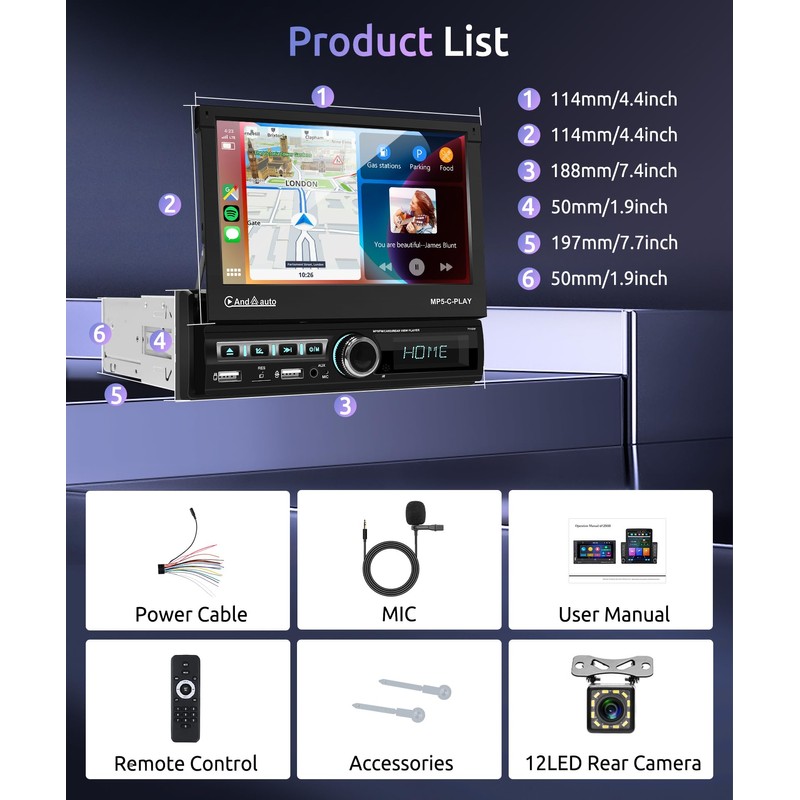 [Motorized] Single Din Touchscreen Car Stereo with Wireless Carplay Android