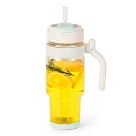 Nefeeko 32 oz Glass Tumbler with Handle, Leak-Proof & Lead-Free Wide Mouth, Reusable Glass Water Bottles with Straws and Lids, Iced Coffee Cup Fits in Car Cup Holders, Smoothie Cup (Blue)