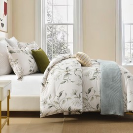 Finlonte Cotton Comforter Set King Size - 100% Long Staple Cotton Bedding Set, White Comforter Set with Grayish Green Floral Pattern, Ultra Soft Duvet Insert, Warm Bed Set with 2 Pillowshams