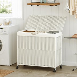 WOWLIVE Laundry Hamper with Wheels, 150L Handwoven Rolling Laundry Basket 3 Section with Lid, Clothes Hamper with Removable Liner Bag, Large Capacity Laundry Sorter Laundry Room Organization, White