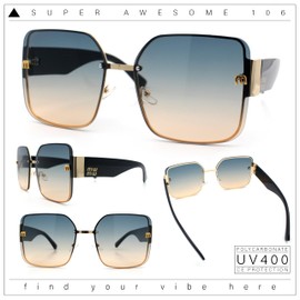 SA106 Womens Metal Frame Rimless Oversized Luxury Fashion Butterfly Sunglasses Gold Black - Blue Beige