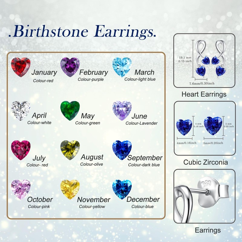 Earrings for Women, S925 Sterling Silver Birthstone Heart Studs Earring