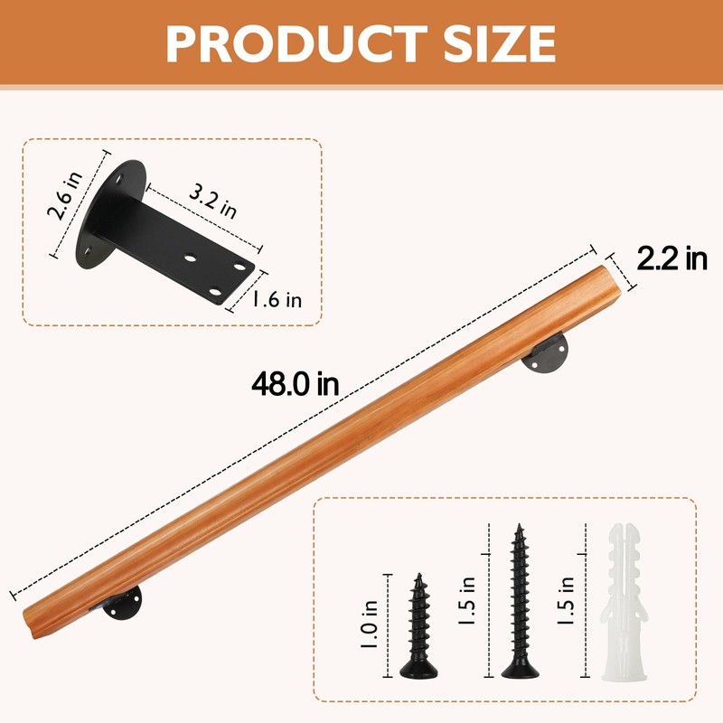 4FT Solid Wood Stair Handrail for Indoor Stairs, Outdoors Stair