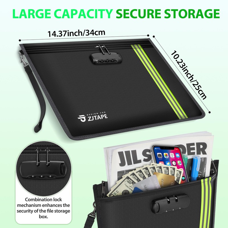 ZJTAPE Fireproof and Waterproof Bag with Lock - Document Bag