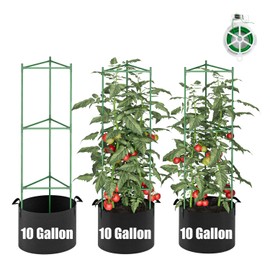 3 Pack Tomato Cages with 10 Gallon Grow Bags,47" Tomato Pots for Growing Tomatoes,Tomato Planter, Tomato Trellis,Stable Assembled Plant Garden Planter, Trellis for Vertical Climbing Plants Vines