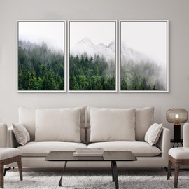 SIGNWIN Framed Canvas Print Wall Art Set Winter Mountain Misty Forest View Nature Wilderness Photography Modern Art Rustic Landscape Relax/Calm for Living Room, Bedroom, Office - 24"x36"x3 White