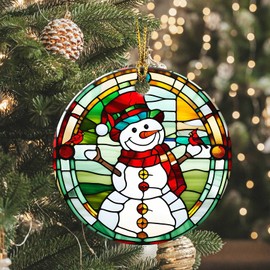Snowman Cardinal Ornament 2024 Round Ceramic Colorful Glass Style Ornament Xmas Keepsake for Christmas Tree Winter Holiday Xmas Gift for Women Men Xmas Hanging Ornament 3"