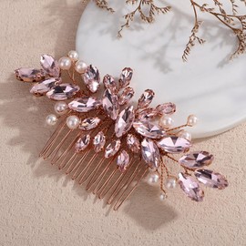 Rumtock Pink Rhinestones Rose Gold Hair Piece Side Headpiece for Wedding Women Bridal Hair Comb (Pink)
