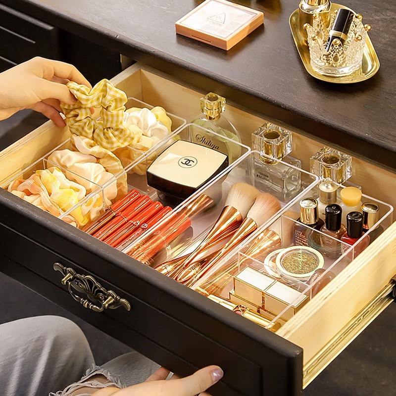 Clear Plastic Drawer Organizers for Makeup, Jewelry & Office Supplies