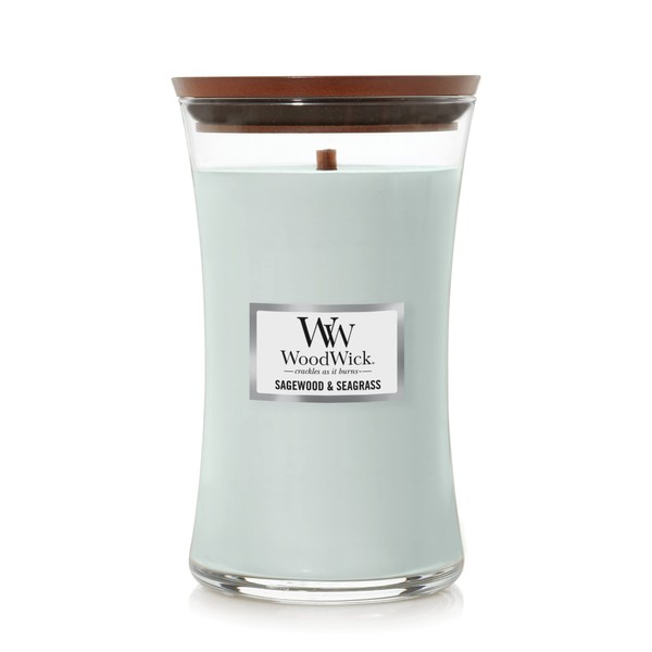 WoodWick Large Hourglass Candle, Sagewood/Seagrass - Premium Soy Blend Wax, Pluswick Innovation Wood Wick, Made in USA