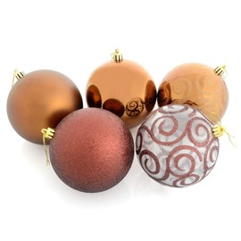 Mr Crimbo Set Of 5 Large Round Christmas Tree Baubles Shiny Mirrored Matt Glittery Swirled Patterns, Coffee 10cm